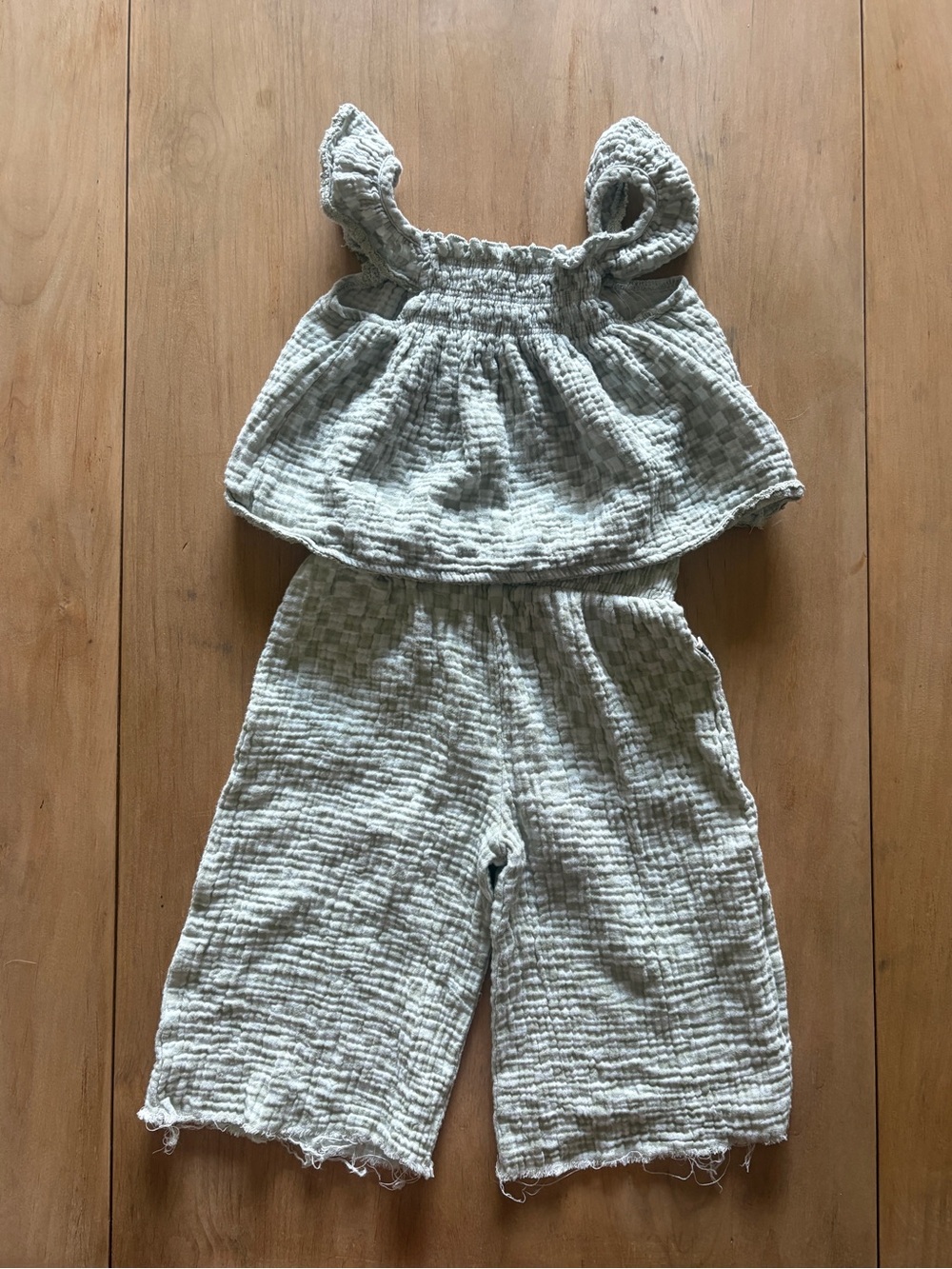 Rabbit Bear Organic Gauze Girls Two-Piece Set in Light Sage Checker- 4T
